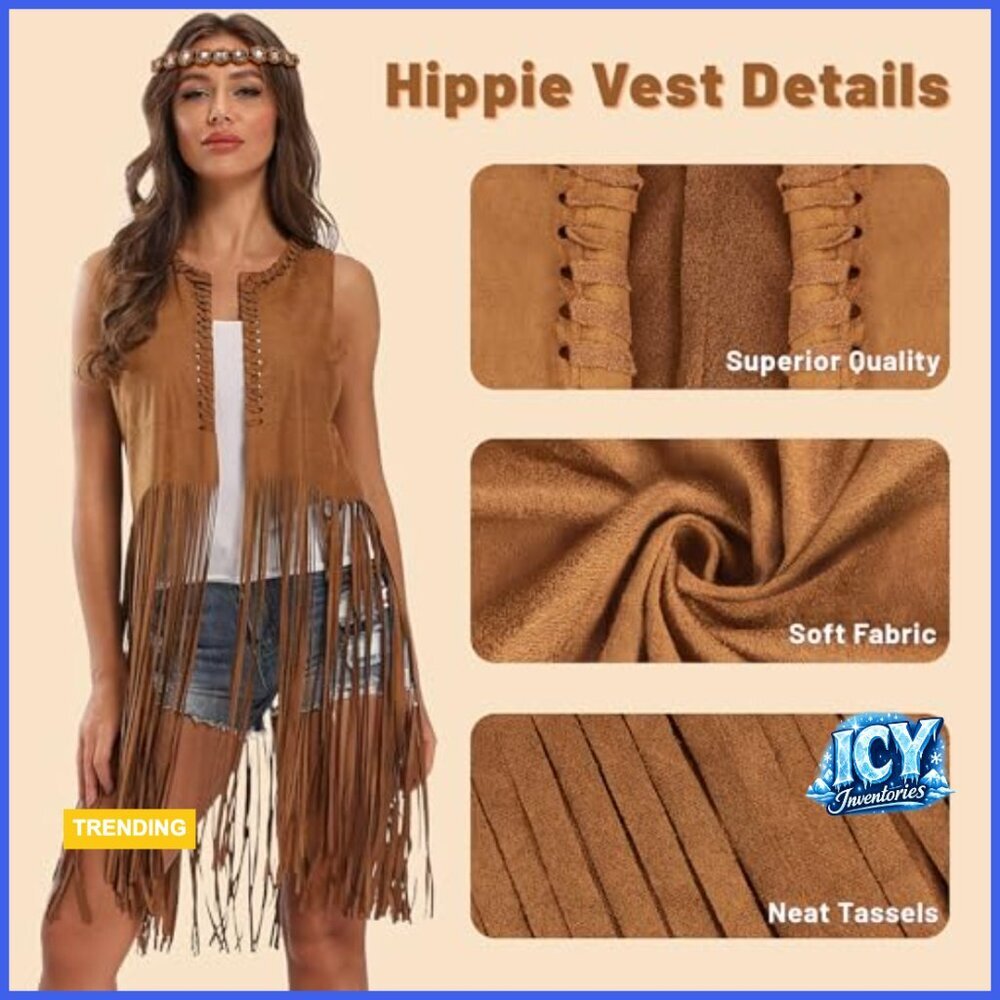 Faux Suede Fringe Vest Hippie Costume Set with Accessories - Picture 5 of 7